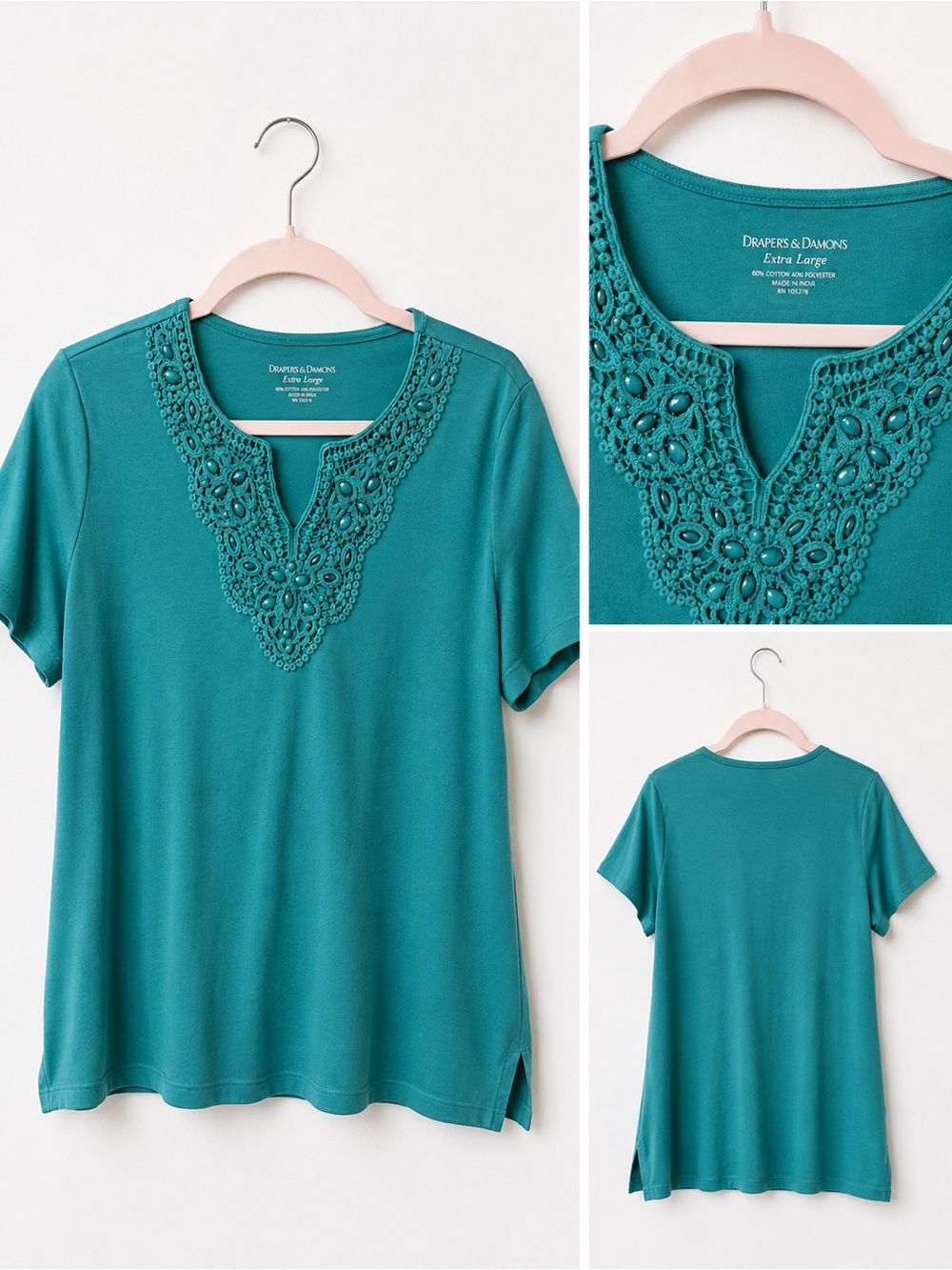 ⭐️3/$20 Draper’s & Damon’s XL Teal Embellished Crochet Beaded Neckline Top